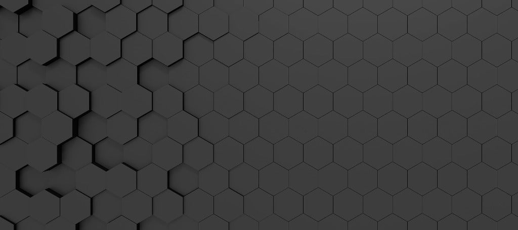 A seamless, dark gray hexagonal pattern background that covers the entire view, displaying a modern and minimalist Black Hexagons 3D Wallpaper Mural from Decor2Go Wallpaper Mural.