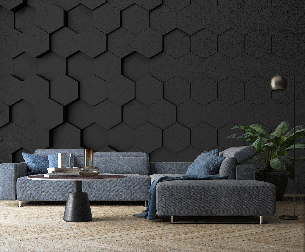 Living Room - A modern living room featuring a navy blue sectional sofa against a Black Hexagons 3D Wallpaper Mural from Decor2Go Wallpaper Mural, with a round coffee table, brass wall lamp, and a green plant in the corner.
