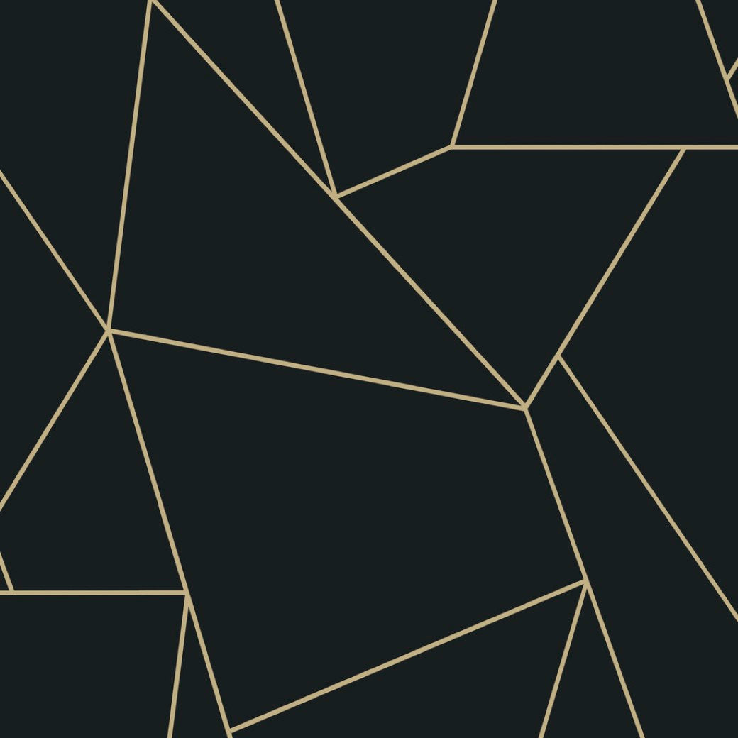 The Black & Gold Nazca Wallpaper by York Wallcoverings features intersecting lines forming triangles and quadrilaterals on a dark background with shimmering metallic gold, creating a striking contrast for an elegant touch in any space.