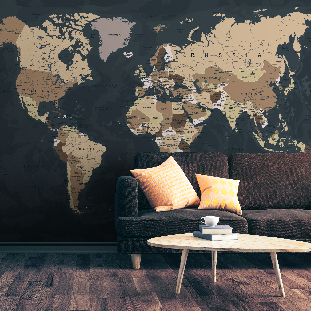 Black and Brown World Map Wallpaper Mural in living room