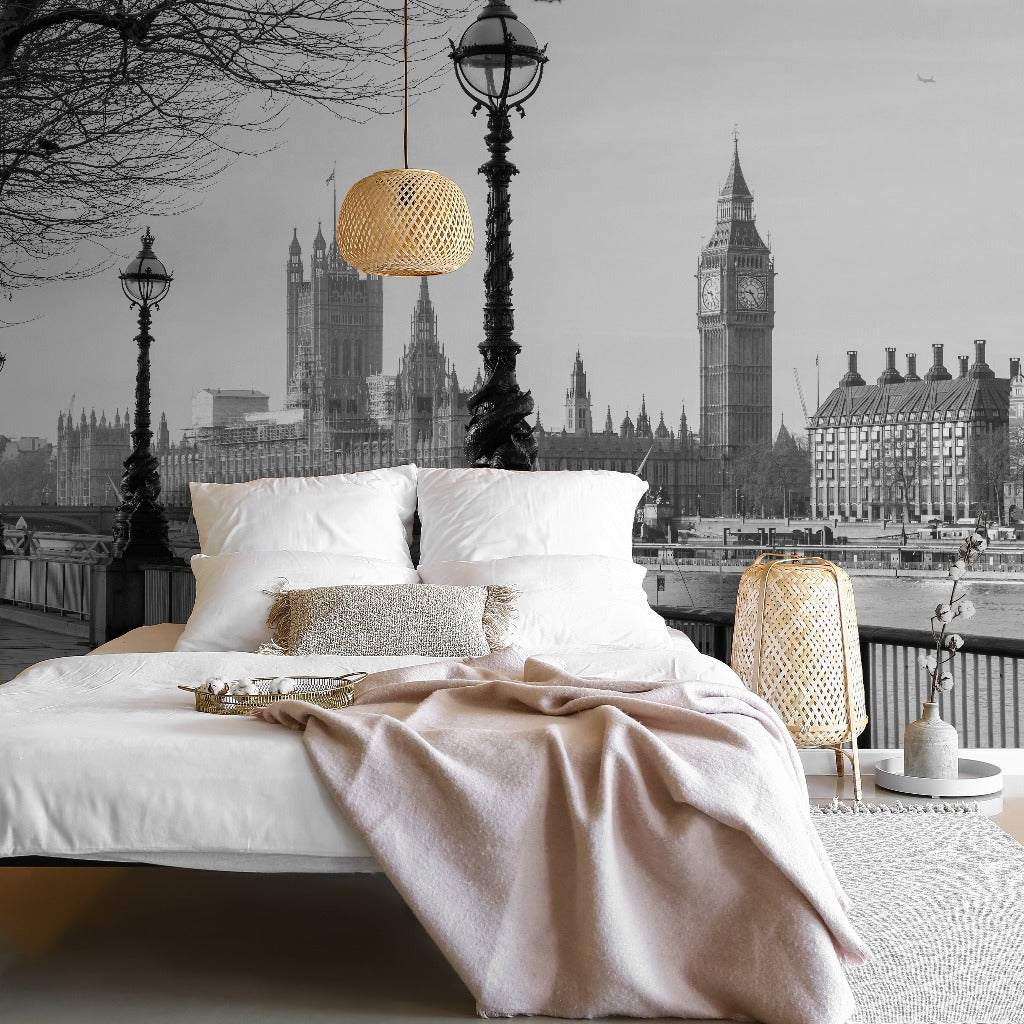 Black and White London Wallpaper Mural in a cozy bedroom