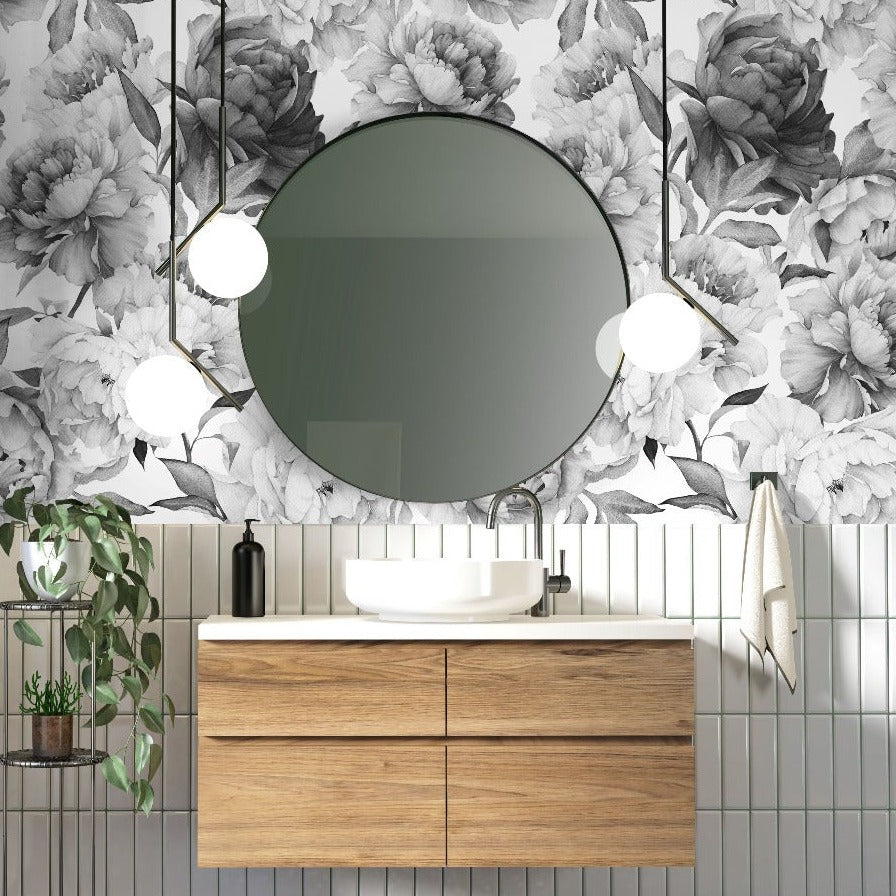 Black and White Peonies Wallpaper Mural in the bathroom