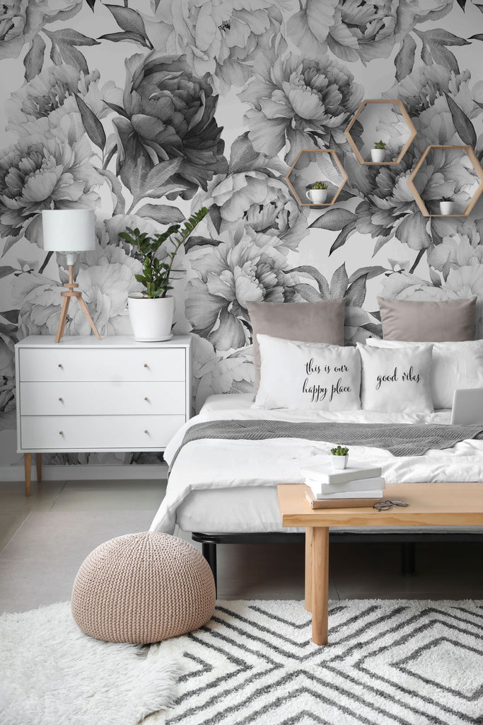 Black and White Peonies Wallpaper Mural in the cozy bedroom
