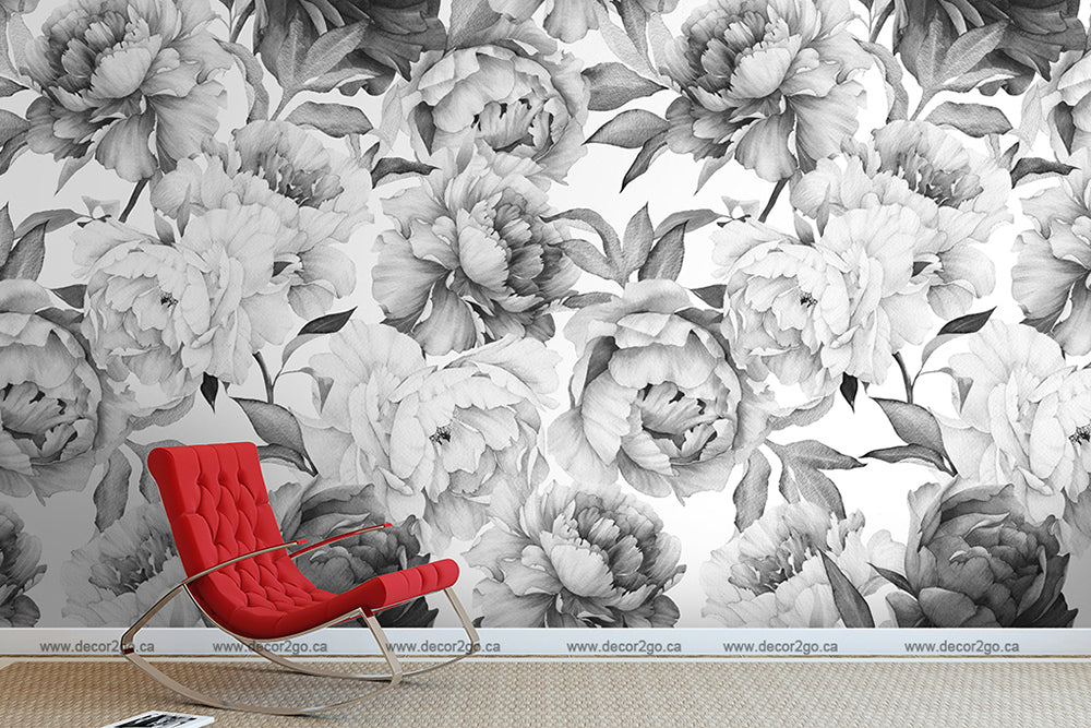 Black and White Peonies Wallpaper Mural in the living room with red chair