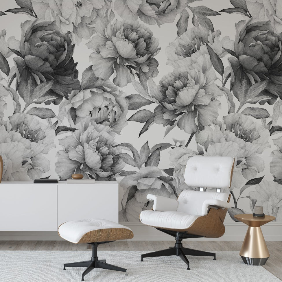 Black and White Peonies Wallpaper Mural in the living room