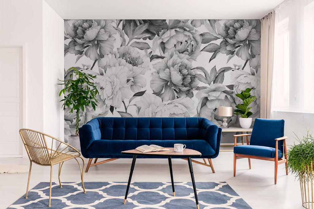 Black and White Peonies Wallpaper Mural living room with blue couch
