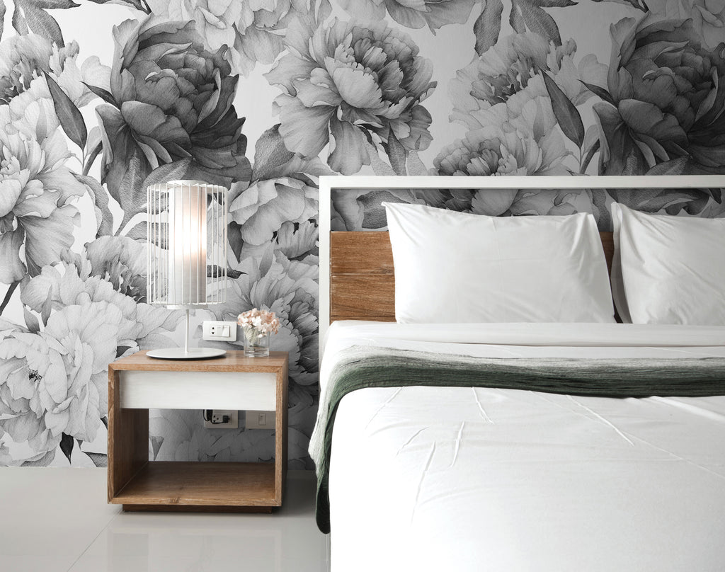 Black and White Peonies Wallpaper Mural in the bedroom
