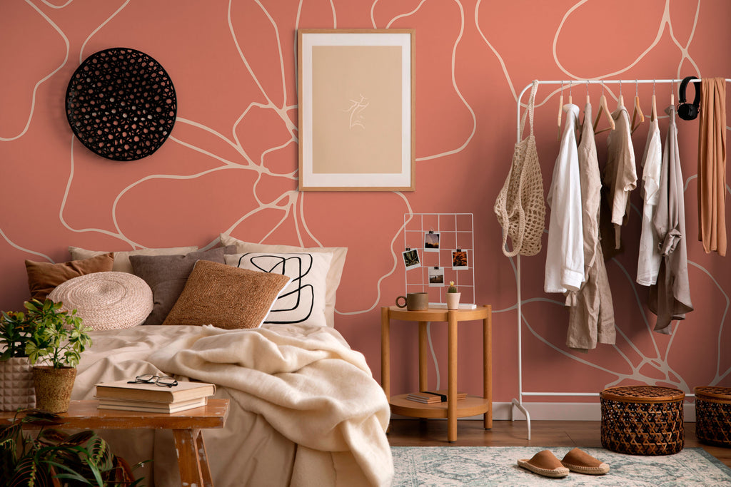 Blossom Flower Lines Wallpaper Mural flowers in room in pink color