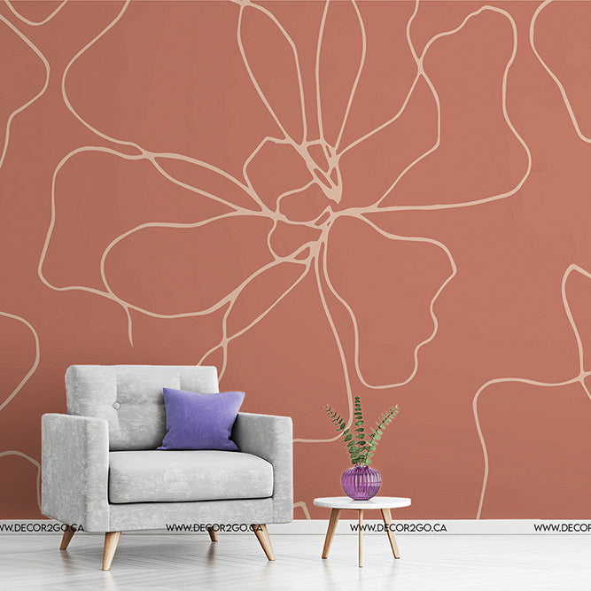 Blossom Flower Lines Wallpaper Mural flowers in living room in pink color