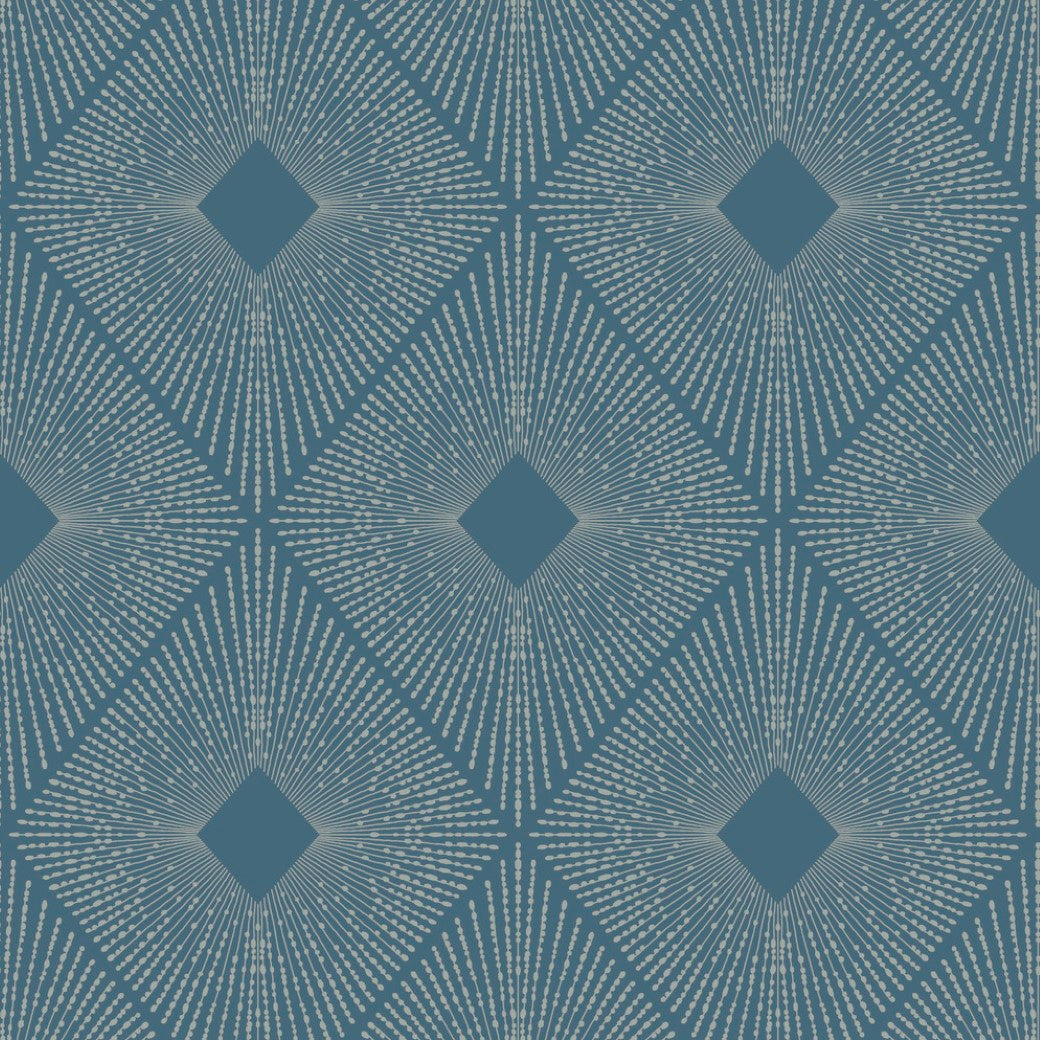 The Blue & Silver Harlowe Wallpaper by York Wallcoverings features a geometric pattern with overlapping blue and white diamond shapes. Metallic elegance shines through radiating lines from each center, forming a visually striking symmetrical abstract design, covering 57 SqFt.