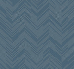 Thin white zigzag lines create a herringbone design on a solid blue background with subtle metallic accents, similar to the Blue & Silver Polished Chevron Wallpaper by York Wallcoverings.