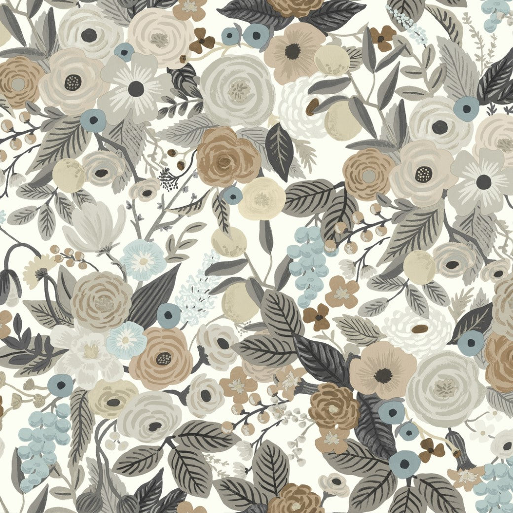 Experience premium quality with York's Brown/Beige Garden Party Wallpaper, featuring a vintage floral design of roses, anemones, and berries in muted tones of beige, blue, gray, and brown against a light backdrop to enchant any space.