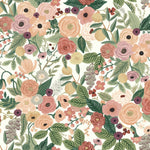 Burgundy Garden Party Wallpaper by York: A lush floral design featuring pink, peach, and yellow roses with green leaves and berries on a cream background. This intricate pattern delivers vibrant botanical artistry across 60 SqFt.