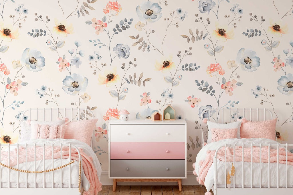 Butterscotch Garden Wallpaper Mural in cozy bedroom for kids