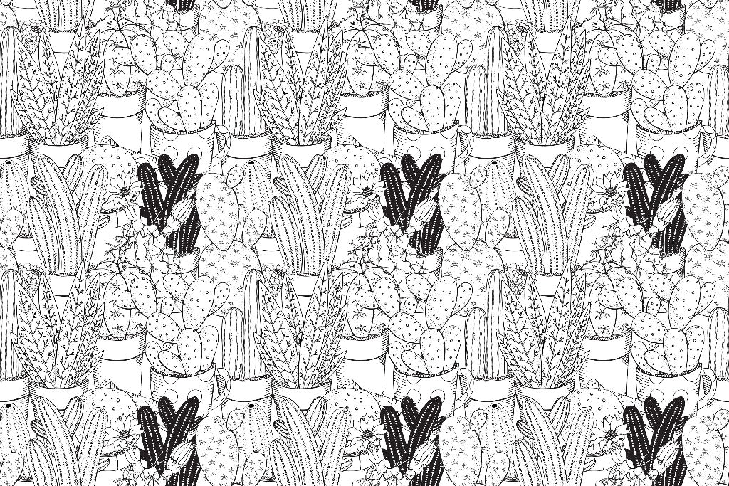 A seamless Cactus Clan Wallpaper Mural from Decor2Go Wallpaper Mural featuring various types of cacti in a monochrome black and white design, with intricate detailing on each plant.