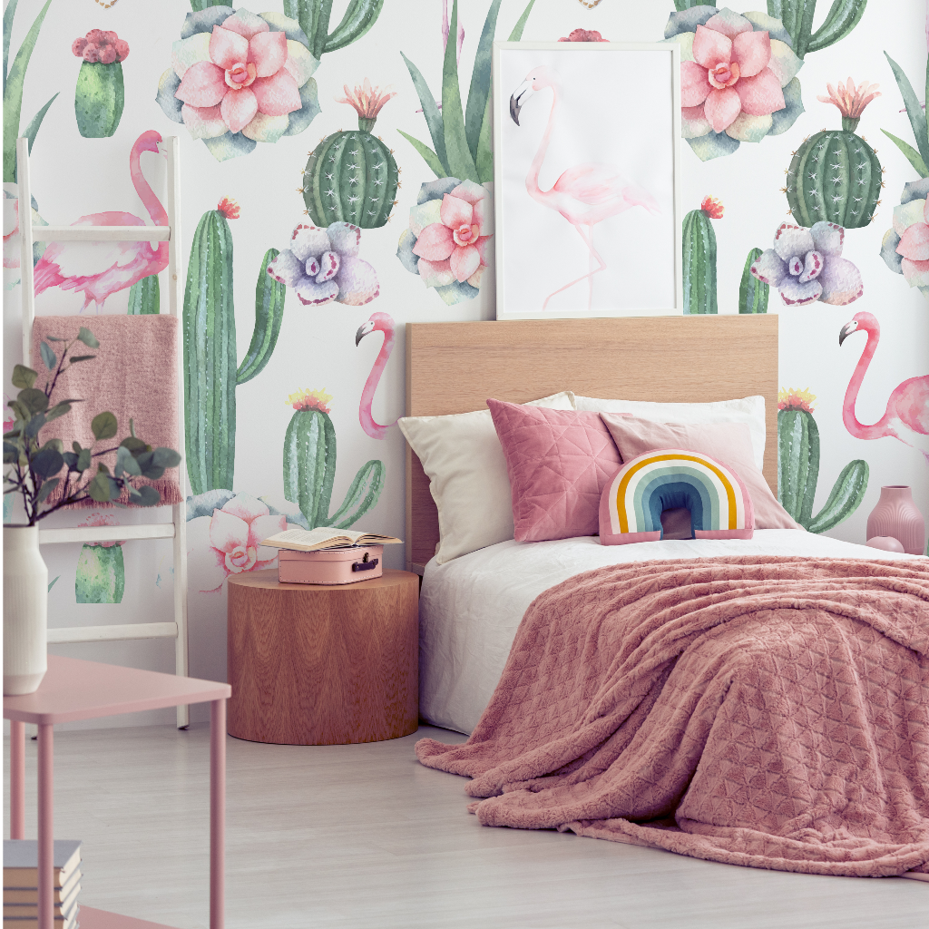 Cactus and Flamingos Wallpaper Mural for kids bedroom