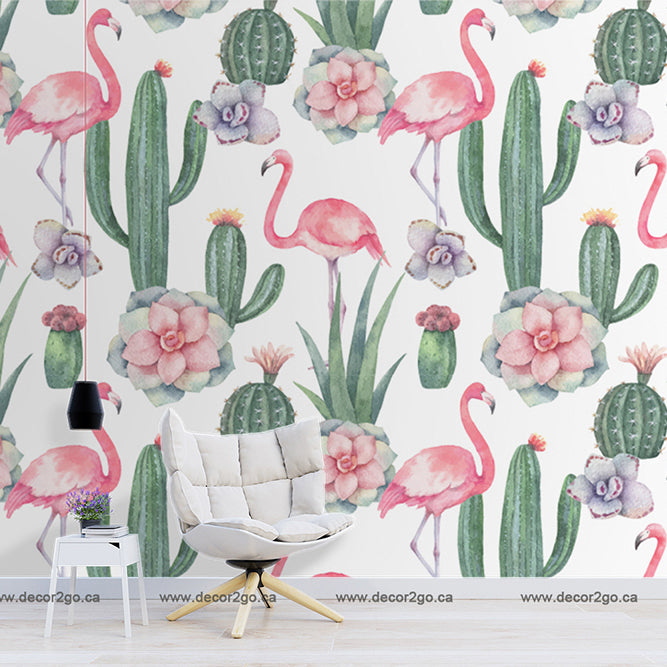Cactus and Flamingos Wallpaper Mural for cozy living room
