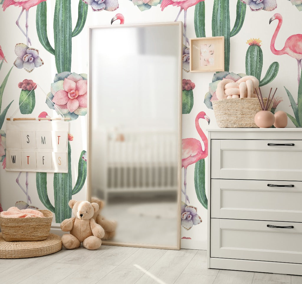 Cactus and Flamingos Wallpaper Mural for kids room