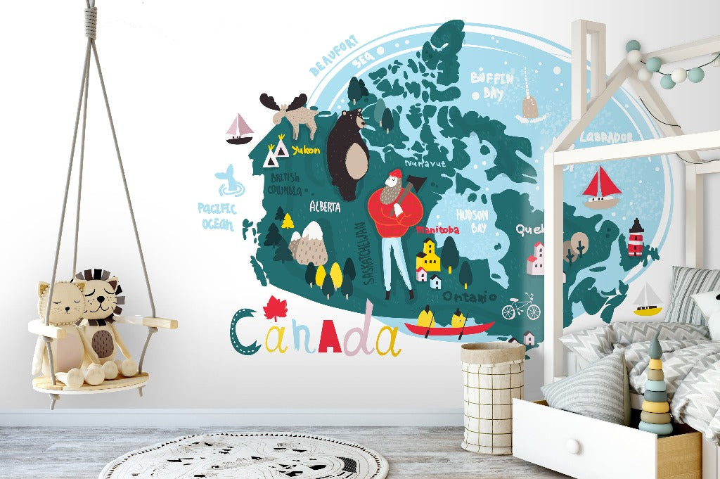 A colorful and educational Decor2Go Wallpaper Mural of Canada displayed in a child's room, depicting provinces, wildlife, and landmarks, accompanied by themed decorations and a cozy bed.