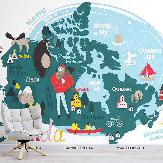 A colorful custom wall mural of the Decor2Go Wallpaper Mural Canada Day Map, featuring whimsical illustrations of landmarks and animals. A chair and a small table with a plant are placed against the mural.