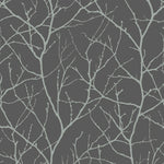 The Charcoal & Silver Trees Silhouette Wallpaper (57 SqFt) from York Wallcoverings features an abstract tree silhouette pattern in light blue on a dark blue background.