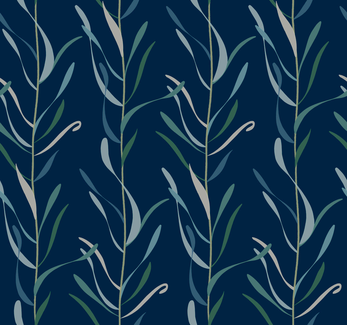 A seamless pattern features vertical, intertwining leafy vines in shades of green, blue, and beige on a dark blue background. The design is repetitive and symmetrical, creating an elegant and calming visual effect. This whimsical Chloe Vine Indigo Wallpaper Blue, Green (60 Sq.Ft.) by York Wallcoverings utilizes SureStrip technology for easy application and removal.