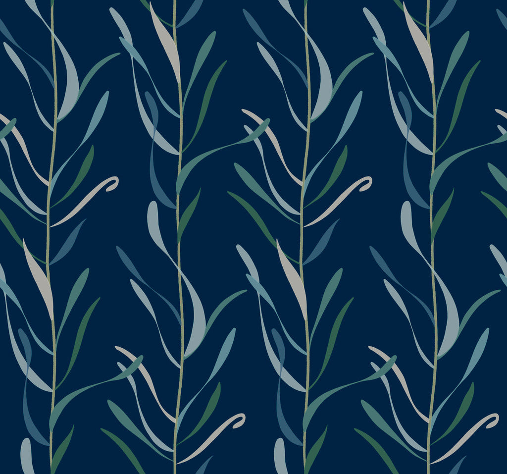 Seamless floral pattern featuring elegant, elongated leaves in shades of green and gray on a dark blue background. This removable Chloe Vine River Rock Wallpaper from York Wallcoverings is stylized and repetitive, creating a tranquil, naturalistic texture.