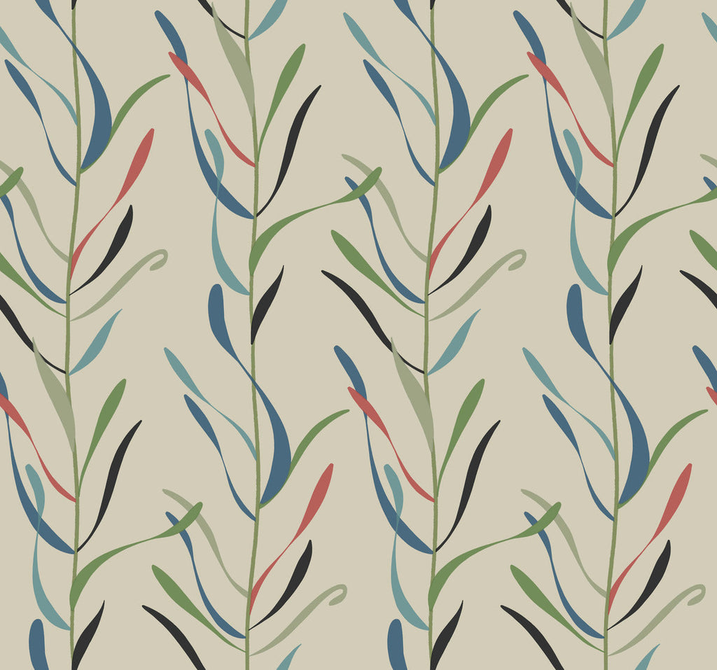 Seamless pattern with stylized colorful leaves and branches on a cream background, depicted in green, blue, and red colors, creating a natural and vibrant Chloe Vine River Rock Wallpaper design by York Wallcoverings.