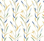 Seamless pattern of stylized, slender Chloe Vine plants with leaves in shades of blue, yellow, and green on a white background using York Wallcoverings' Chloe Vine River Rock Wallpaper Beige, Grey (60 Sq.Ft.).