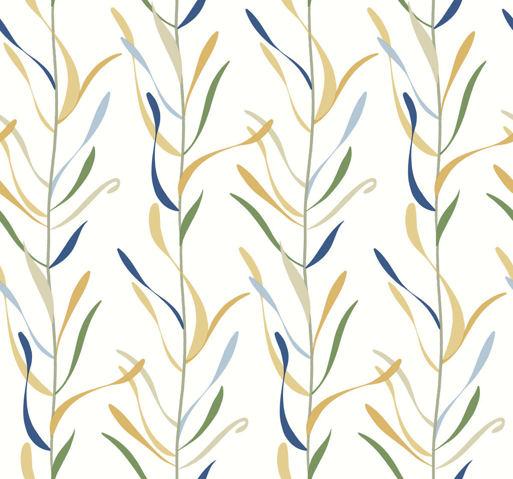 Seamless pattern of stylized, slender Chloe Vine plants with leaves in shades of blue, yellow, and green on a white background using York Wallcoverings' Chloe Vine River Rock Wallpaper Beige, Grey (60 Sq.Ft.).