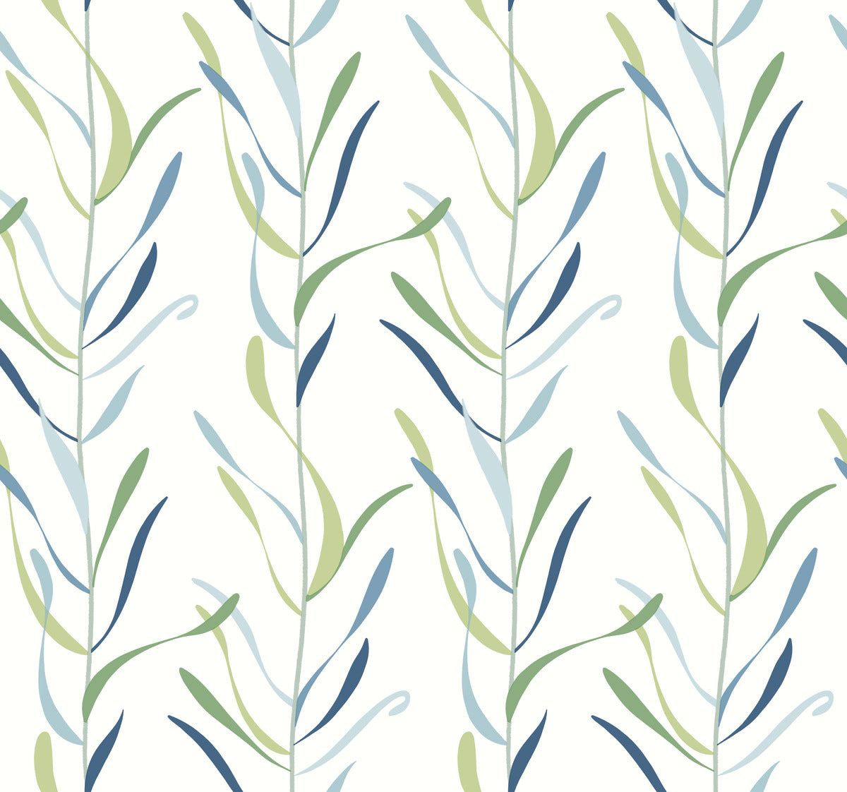 A seamless pattern featuring abstract, slender leaves in various shades of green and blue on a white background. The design, resembling the Chloe Vine Indigo Wallpaper Blue, Green (60 Sq.Ft.) by York Wallcoverings, is composed of vertical lines where the leaves seem to sway gently, creating a harmonious and balanced look.