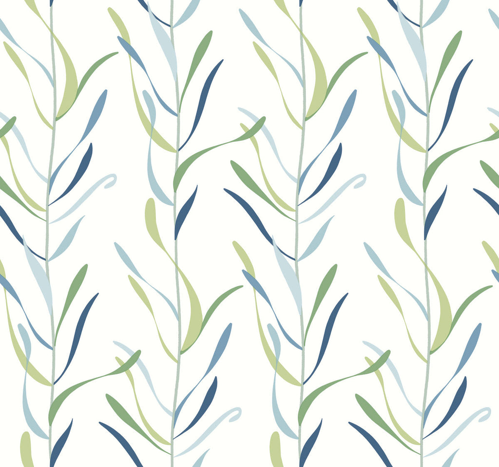 A seamless pattern of stylized, vertical plant stems in shades of blue and green on a white background, featuring York Wallcoverings Chloe Vine River Rock Wallpaper Beige, Grey (60 Sq.Ft.).