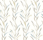 The York Wallcoverings Chloe Vine Indigo Wallpaper Blue, Green (60 Sq.Ft.) showcases a seamless pattern of vertical stems with abstract leaves in soft, muted colors of beige, blue, and gray on a white background. This whimsical design is minimalist and elegant, creating a soothing and modern aesthetic.