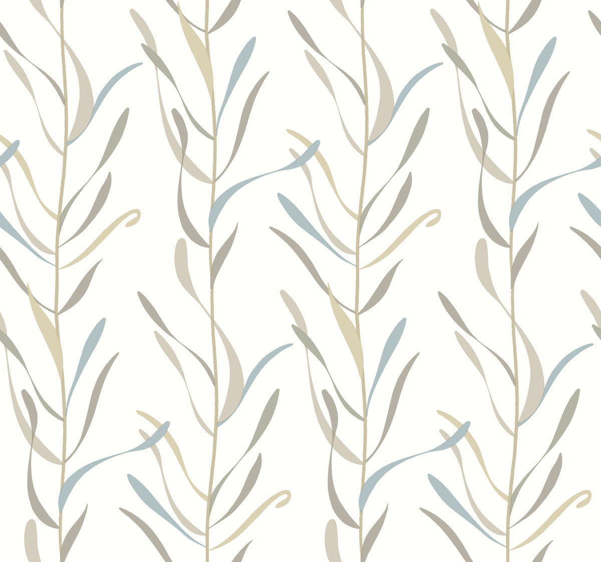 The York Wallcoverings Chloe Vine Indigo Wallpaper Blue, Green (60 Sq.Ft.) showcases a seamless pattern of vertical stems with abstract leaves in soft, muted colors of beige, blue, and gray on a white background. This whimsical design is minimalist and elegant, creating a soothing and modern aesthetic.