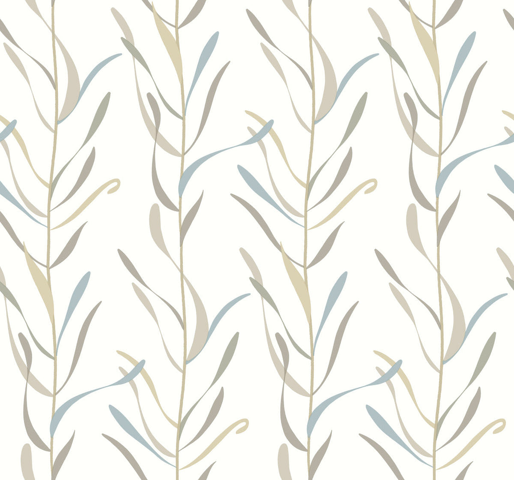 Seamless pattern of stylized, vertical, botanical illustrations in cool tones of gray, blue, and beige on Chloe Vine River Rock Wallpaper by York Wallcoverings, suggesting an elegant, natural motif on a white background.