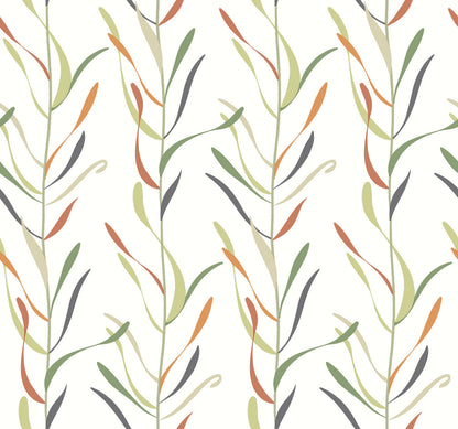 Seamless pattern featuring vertical lines of stylized, delicate leaves in subtle shades of green, orange, and grey on a light background. This Chloe Vine River Rock Wallpaper Beige, Grey (60 Sq.Ft.) from York Wallcoverings is perfect for easy installation and removal.