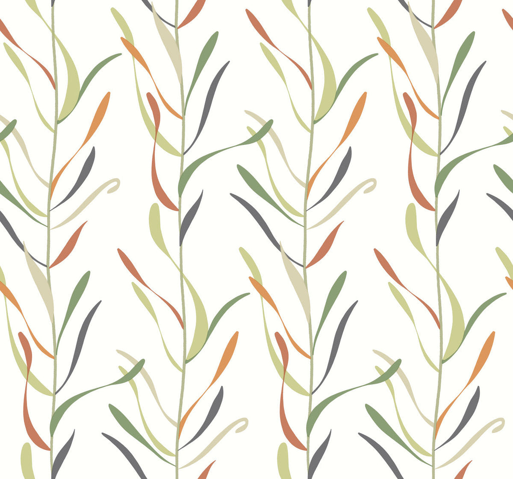 Seamless pattern featuring vertical lines of stylized, delicate leaves in subtle shades of green, orange, and grey on a light background. This Chloe Vine River Rock Wallpaper Beige, Grey (60 Sq.Ft.) from York Wallcoverings is perfect for easy installation and removal.