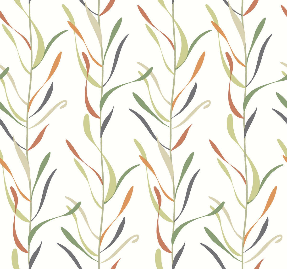 A whimsical design featuring vertical lines of abstract, leafy vines in shades of green, orange, beige, and black on a white background. The repetitive pattern gives a natural, organic feel. This Chloe Vine Indigo Wallpaper Blue, Green (60 Sq.Ft.) by York Wallcoverings utilizes SureStrip technology for easy application and removal.