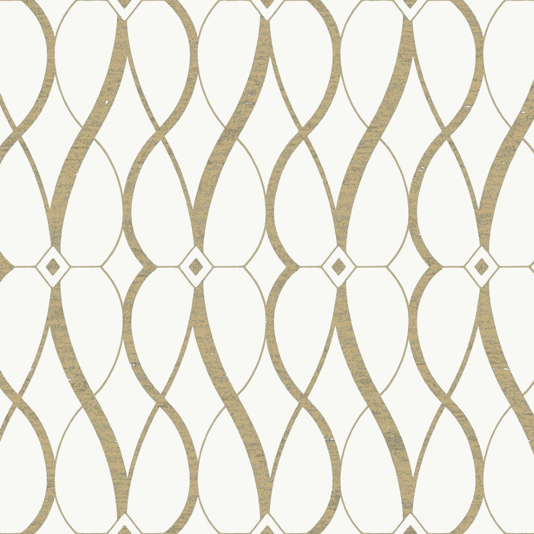 The Cream & Gold Graceful Geo Wallpaper by York Wallcoverings showcases an elegant geometric design with interlocking burnished gold metallic and beige wave patterns, forming diamond and oval shapes on a white background—a stunning symmetry masterpiece.