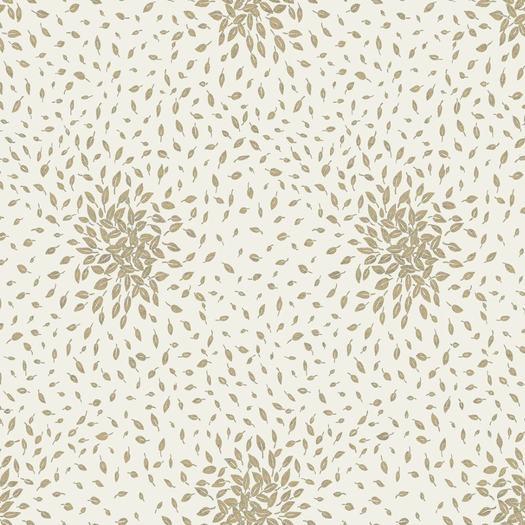 Explore the Cream & Gold Petite Leaves Wallpaper by York Wallcoverings, featuring symmetrical floral motifs with small brown leaves on a light beige background. Part of the Modern Metals Collection, it blends classic charm and contemporary allure. (60 SqFt).