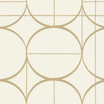 The Cream & Gold Sun Circles Wallpaper by York Wallcoverings features a geometric design of intersecting circles and lines in light beige and metallic gold, creating a symmetrical and repetitive appearance.