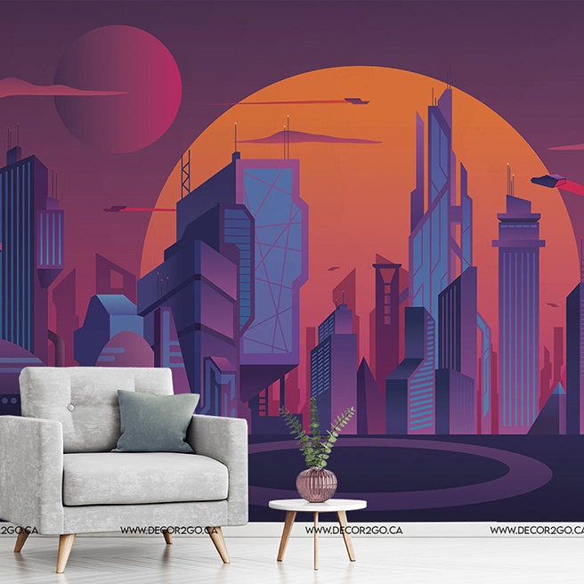 Cyber Skyline Wallpaper Mural in living room city view