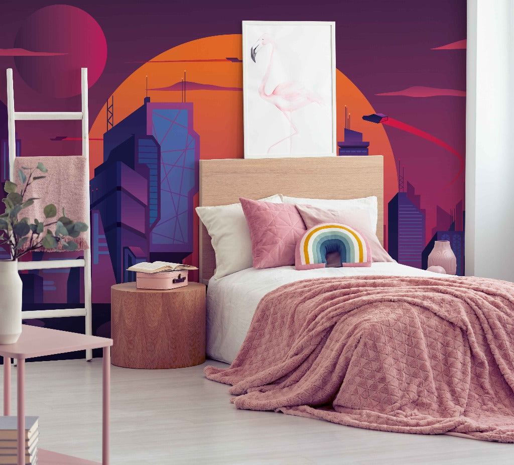 Cyber Skyline Wallpaper Mural in the room city view