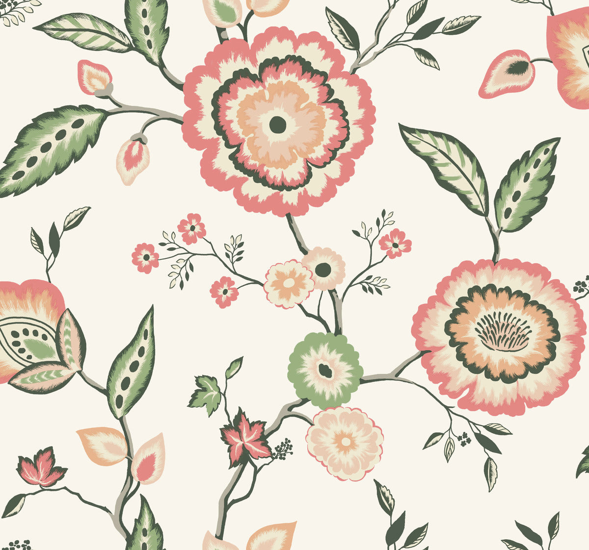 A seamless floral pattern featuring large pink and cream flowers with green accents. The design includes various leaves and small blossoms scattered on a light beige background, giving the pattern a vintage, delicate aesthetic. Enjoy botanical elegance with York Wallcoverings Dahlia Blooms Midnight/Multi Wallpaper Black, Pink (60 Sq.Ft.) for easy installation and removal.