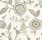 A seamless pattern of hand-drawn, vintage-style flowers and leaves in muted tones of blue, beige, and gray on a light cream background. Featuring large dahlia blooms, smaller buds, and delicate branches, this York Wallcoverings Dahlia Blooms Dove/Cornflower Wallpaper Blue, White/Off White (60 Sq.Ft.) design creates an elegant and classic look. Easy installation ensures a hassle-free update.