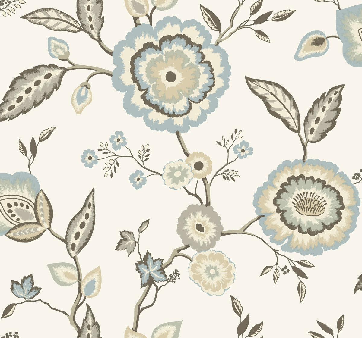 A seamless pattern featuring large blue, beige, and gray dahlia blooms with intricate detailing on their petals and leaves. The flowers and leaves are connected by delicate, winding stems, set against a light cream background. This botanical elegance offers easy installation and removal. Introducing the Dahlia Blooms Midnight/Multi Wallpaper Black, Pink (60 Sq.Ft.) by York Wallcoverings.