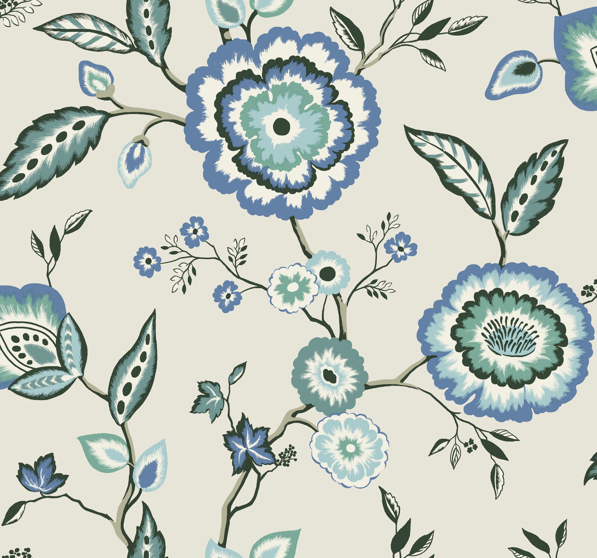 A seamless pattern featuring large, stylized Dahlia Blooms in shades of blue and green with intricate petal details and flowing stems with leaves and buds, set against a light beige background. This Dahlia Blooms Midnight/Multi Wallpaper Black, Pink (60 Sq.Ft.) by York Wallcoverings embodies vintage botanical elegance while offering easy installation and removal.