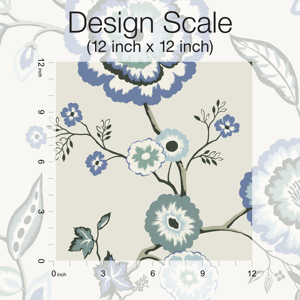 A floral pattern design featuring blue and white flowers with green leaves and stems against a light background. A 12 inch by 12 inch scale is displayed in the center, illustrating the proportion of this Dahlia Blooms Midnight/Multi Wallpaper Black, Pink (60 Sq.Ft.) by York Wallcoverings compared to the scale. Enjoy botanical elegance with easy installation and removal.