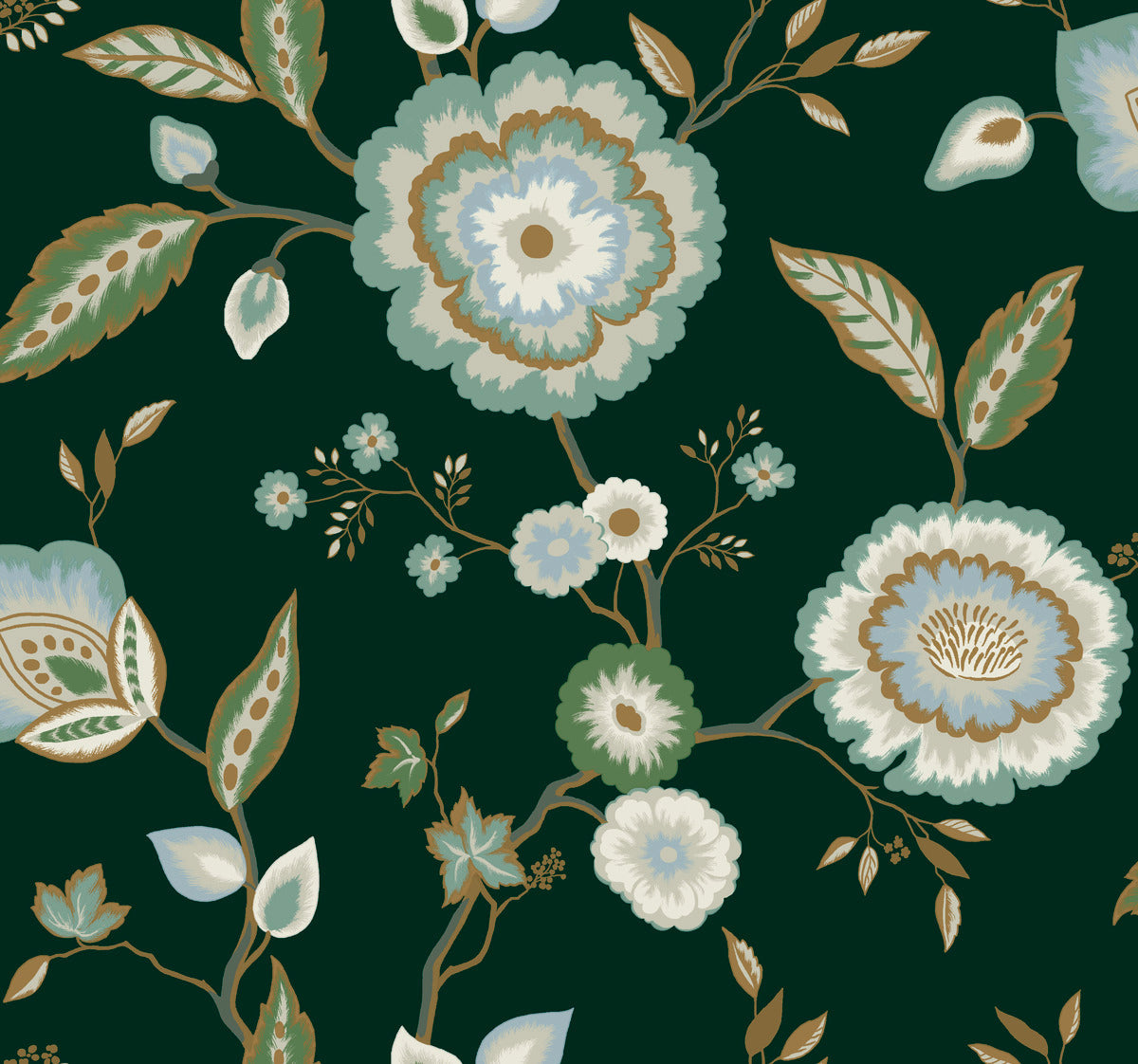 Seamless pattern featuring large, stylized dahlia blooms and leaves on a dark green background. The flowers have shades of white, blue, and green, while the leaves display similar tones with some brown accents. This Dahlia Blooms Midnight/Multi Wallpaper Black, Pink (60 Sq.Ft.) by York Wallcoverings is intricate, symmetrical, and exudes a vintage feel.
