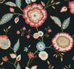 A decorative floral pattern featuring various flowers in red, white, blue, and beige, with green and blue leaves, set against a black background. The intricate design of this Dahlia Blooms Midnight/Multi Wallpaper Black, Pink (60 Sq.Ft.) by York Wallcoverings includes different flower shapes and sizes, creating a vibrant, eye-catching composition.
